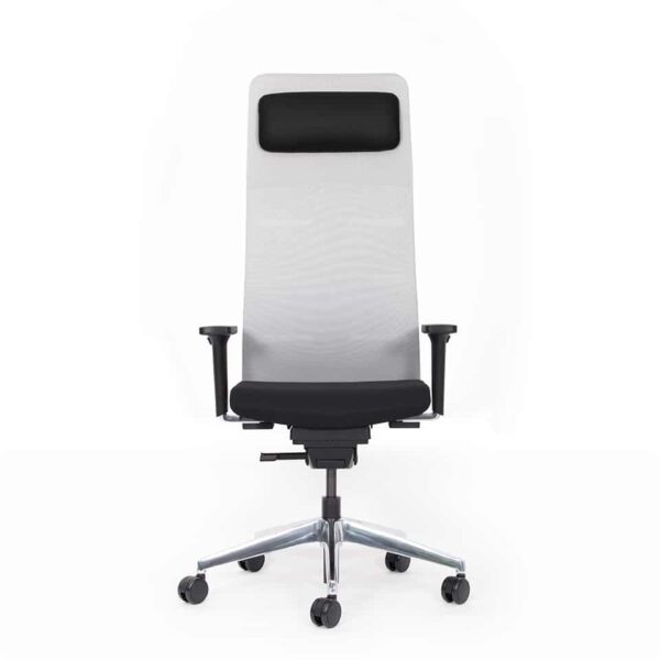 Frontalaufnahme von lento Chefsessel Bürostuhl mit Kopfstütze und Nackenkissen, transparenter Netzrücken in weiß