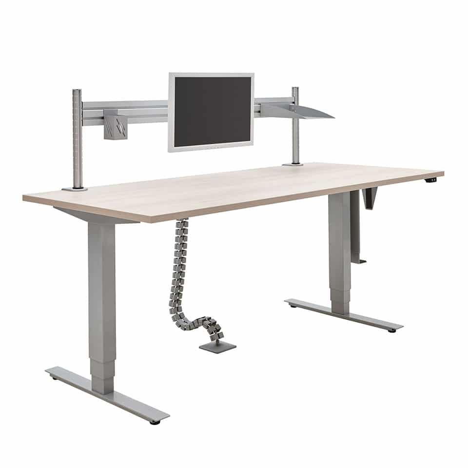 bild eines lento steh sitz schreibtisch elektrisch hoehenverstellbarer schreibtisch mit zubehoer kabelkette pc halter relingsystem monitorhalterung