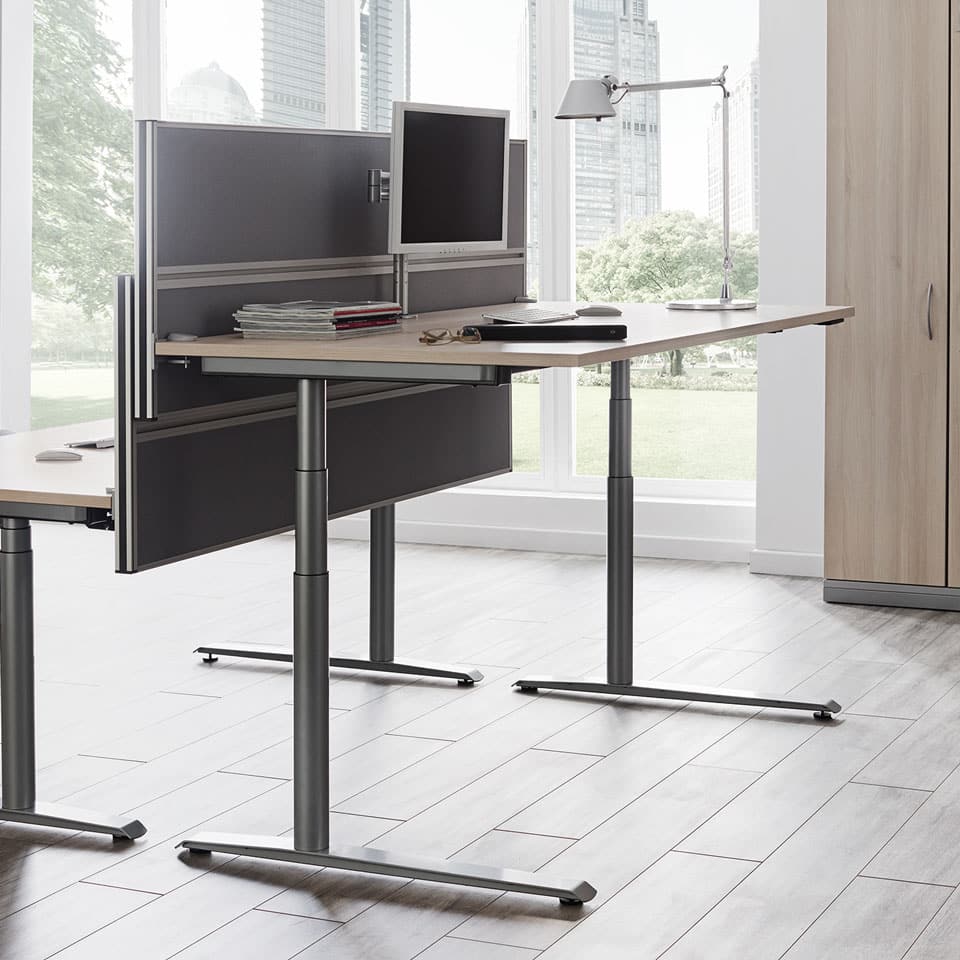 bild eines doppelarbeitsplatz mit steh sitz schreibtisch elektrisch hoehenverstellbar made in germany von lento mit akustiktrennwand