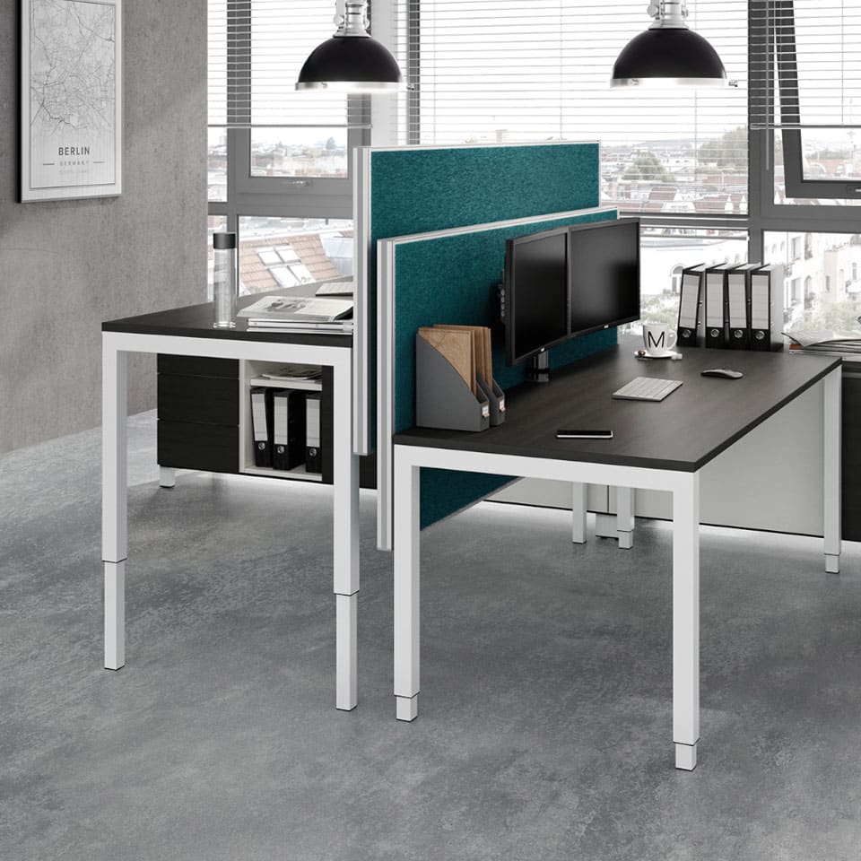 bild eines doppelarbeitsplatz mit steh sitz schreibtisch elektrisch hoehenverstellbar made in germany von lento mit akustiktrennwand